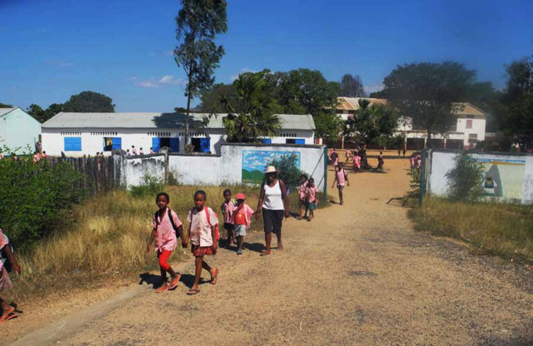 Malagasy children leaving school for the day